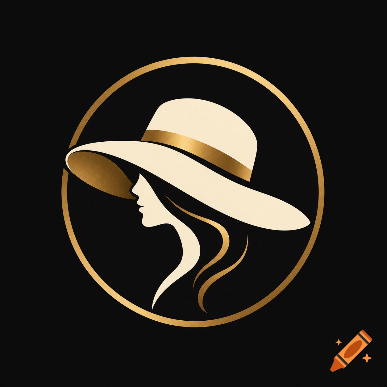Stylized logo of a woman in profile wearing a wide-brimmed hat, enclosed in a gold circle, on a black background.