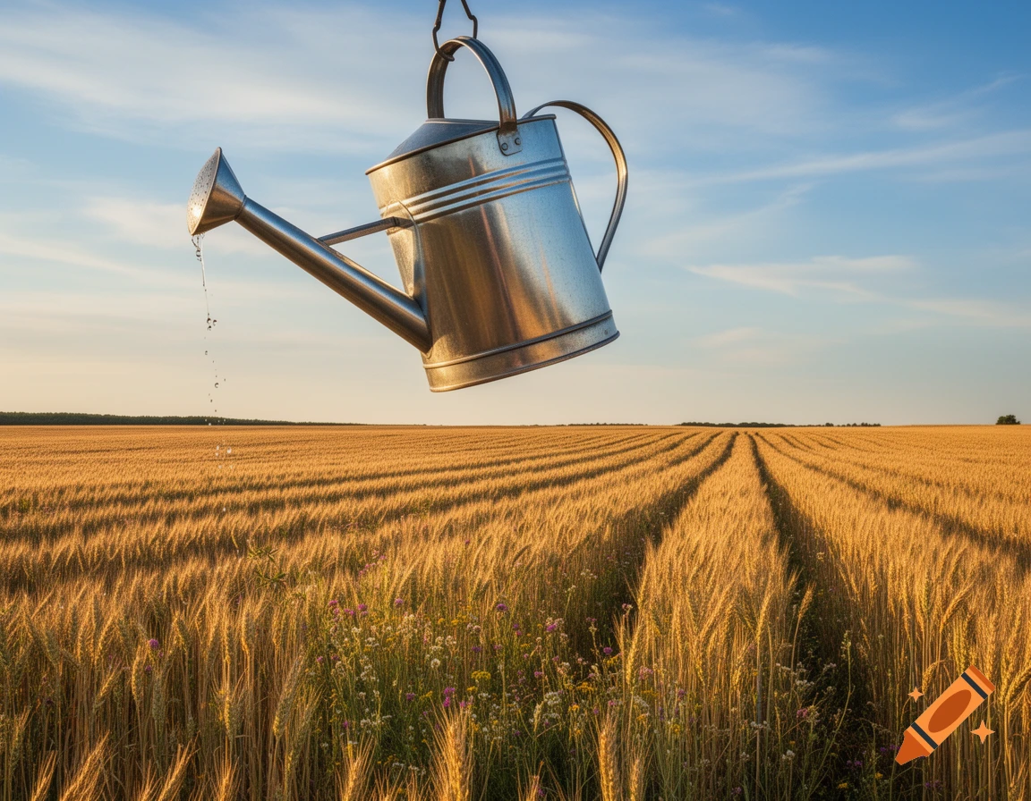 A large metal watering can drips water over a golden wheat field under a blue sky at sunset.