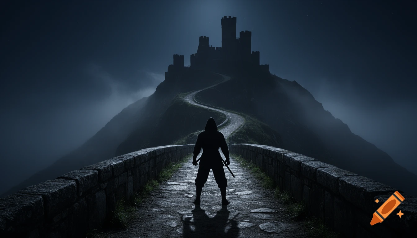 A hooded ninja stands on a moonlit stone bridge, facing a winding path up to an ominous dark castle on a misty mountain.