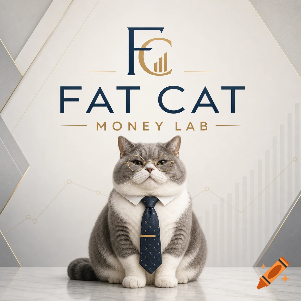 A professional British Shorthair cat in a suit and glasses sits below a 'FAT CAT MONEY LAB' logo, set against a modern finance-themed background.