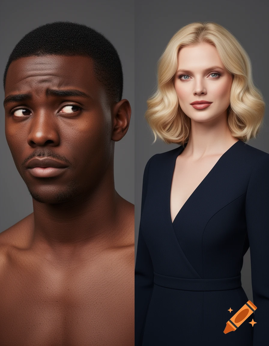 A split image showing a thoughtful Black man shirtless on the left and a blonde white woman in a navy dress on the right.
