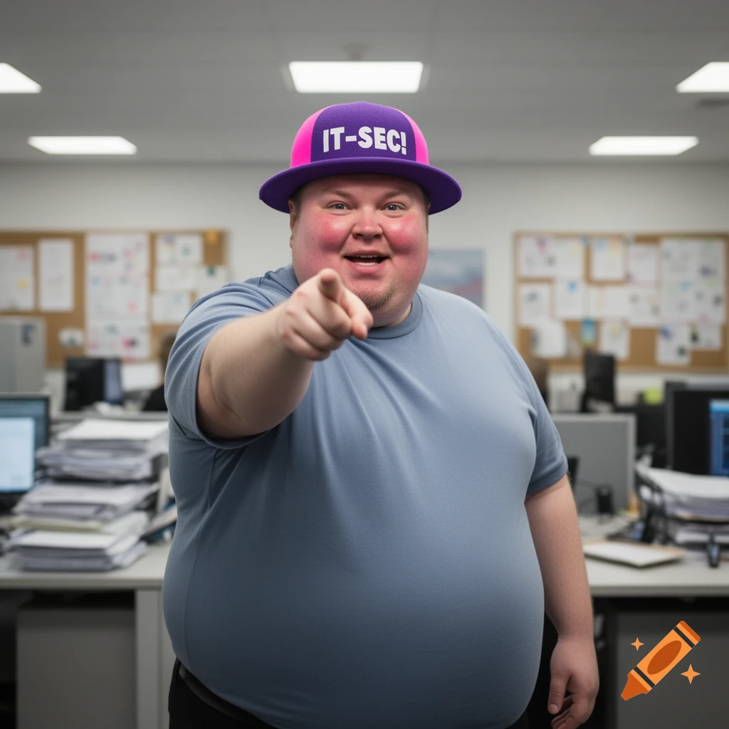 A portly man in a blue shirt and a purple and pink "IT-SEC!" hat smiles and points forward in an office.
