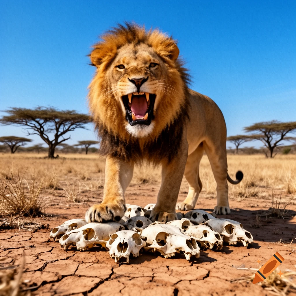 A photorealistic image of a roaring lion standing with one paw on a pile of animal skulls in a dry savanna.