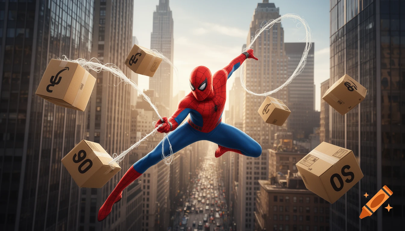 Spider-Man swings through a bustling city, using his webs to catch numerous falling cardboard packages amidst skyscrapers.