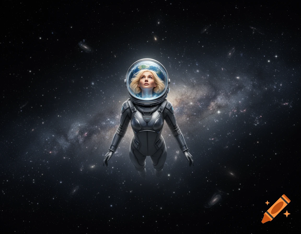 A blonde woman in a futuristic space suit floats in deep space, looking upwards. Earth is reflected in her helmet visor. Stars and galaxies fill the background.