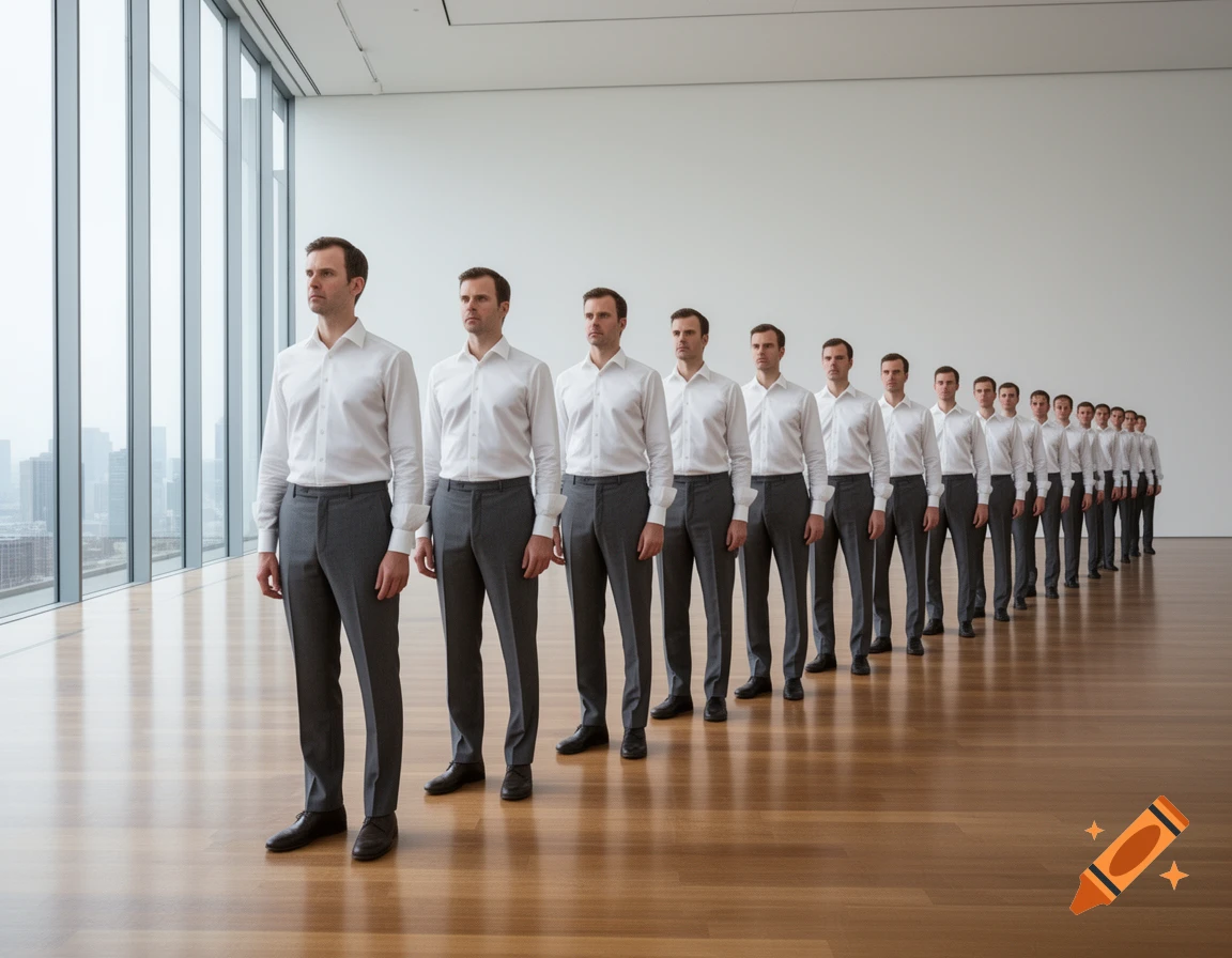 A long line of identical men in white shirts and gray pants standing in a modern, minimalist room with large windows overlooking a city.