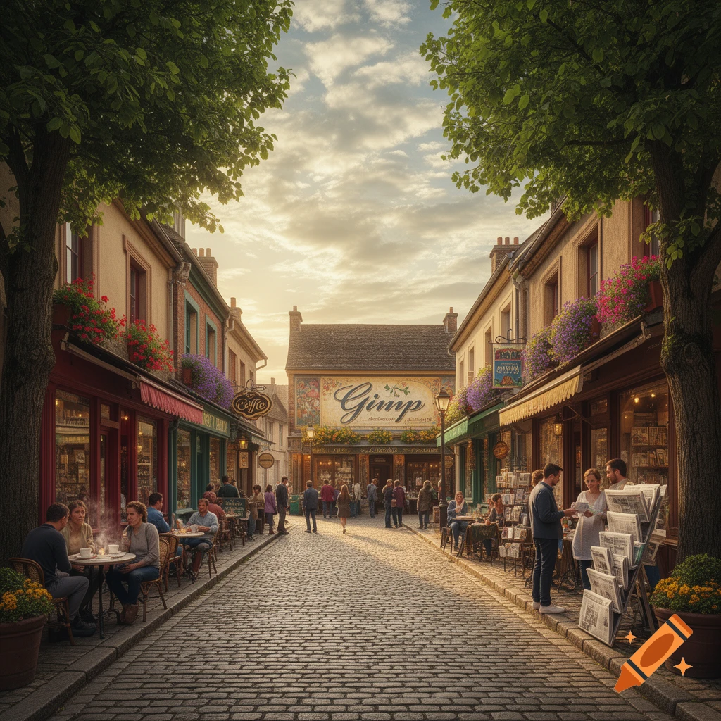A photorealistic image of a bustling European cobblestone street lined with cafes and shops under a cloudy sky, with people dining outdoors and walking.