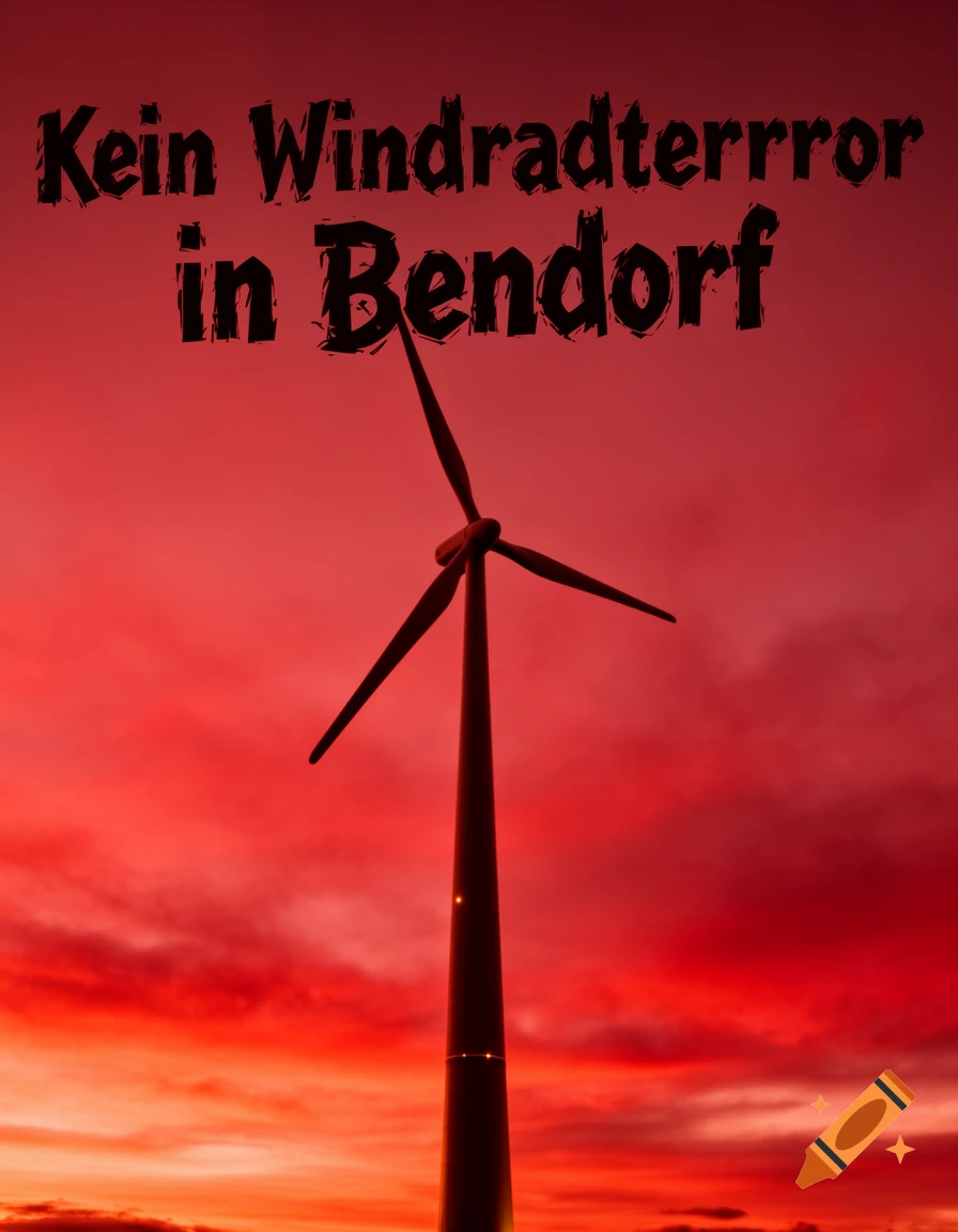 A silhouetted wind turbine stands against a dramatic red and orange sunset sky, with bold black text reading "Kein Windradterror in Bendorf".