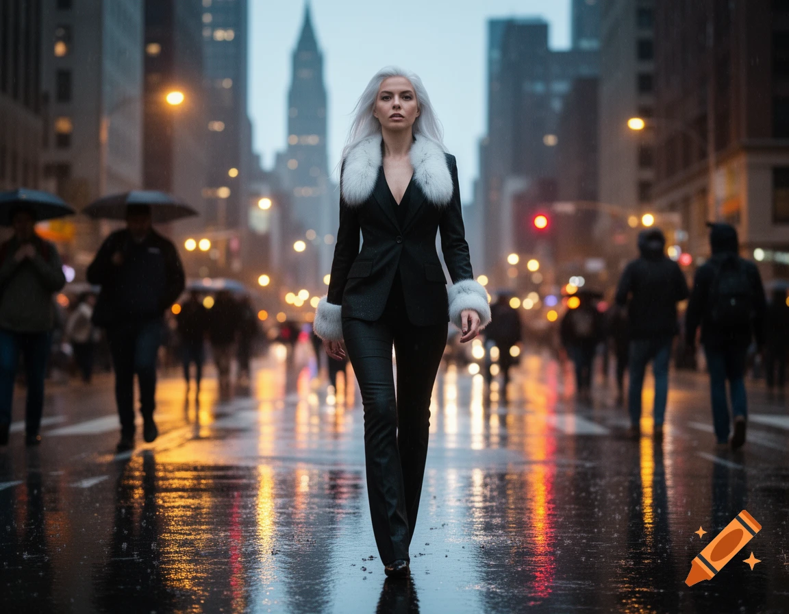 A white-haired woman in a black suit with white fur walks down a wet city street at night, with blurred city lights.