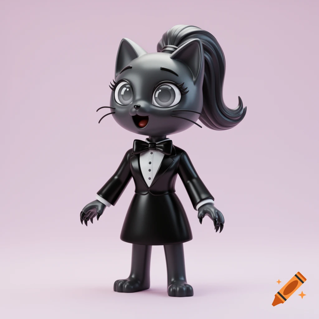 A 3D render of a cute, stylized black cat character with a ponytail, wearing a tuxedo, skirt, and bow tie.