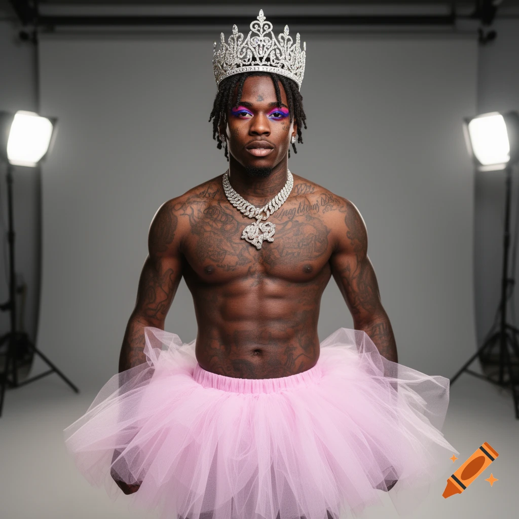 A shirtless man with tattoos, a silver crown, pink tutu, and vibrant purple and pink eye makeup poses in a studio.