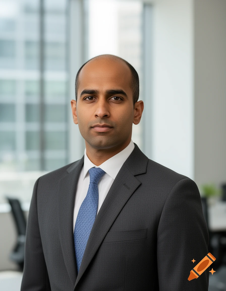 A bald man in a dark grey suit and a blue tie looks directly at the camera, standing in a modern office.