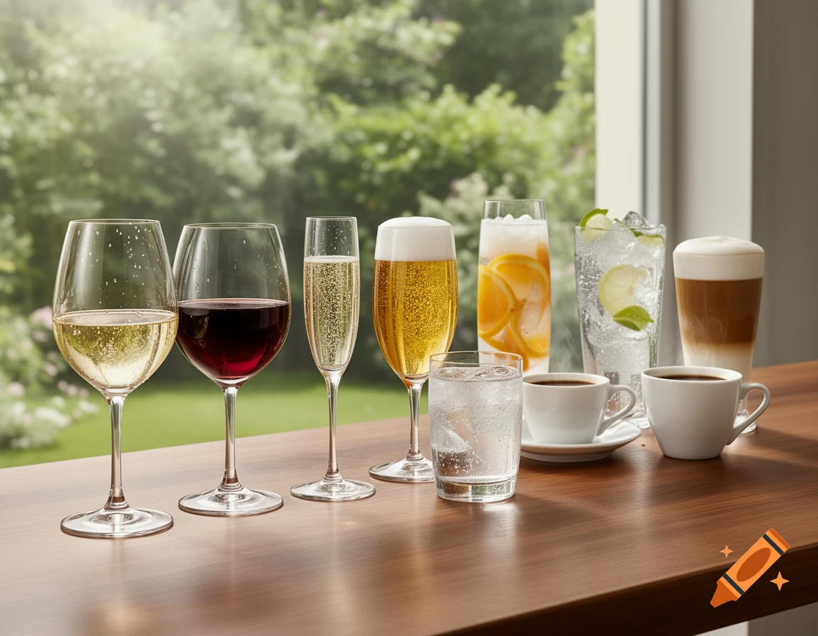 A diverse collection of beverages including wine, champagne, beer, water, and coffee in glasses and cups on a wooden table with a garden background.