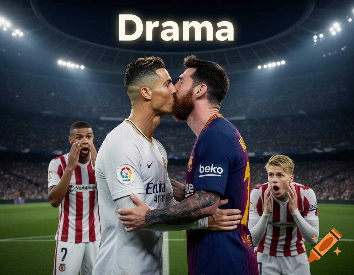 Photorealistic image of Cristiano Ronaldo and Lionel Messi kissing on a football pitch, with "Drama" written above.