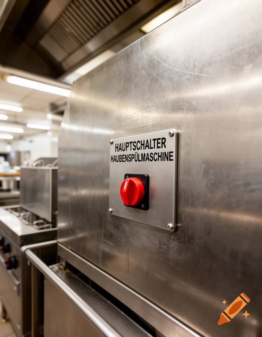 Close-up of a red main switch on a stainless steel industrial dishwasher in a professional kitchen, labeled 'HAUPTSCHALTER HAUBENSPÜLMASCHINE'.