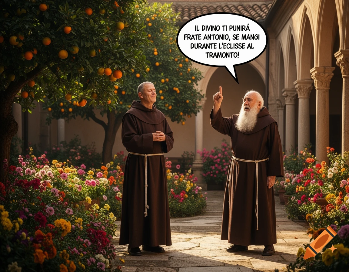 An old friar scolds a smiling friar in a monastery garden with orange trees and flowers. A speech bubble shows Italian text about divine punishment.