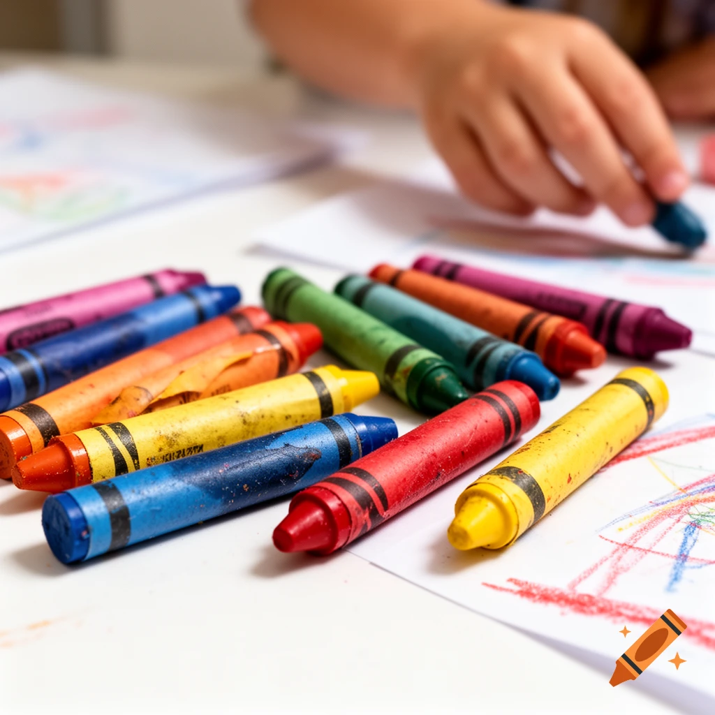 A child's hand holds a blue crayon over a paper with colorful scribbles, surrounded by many vibrant crayons.