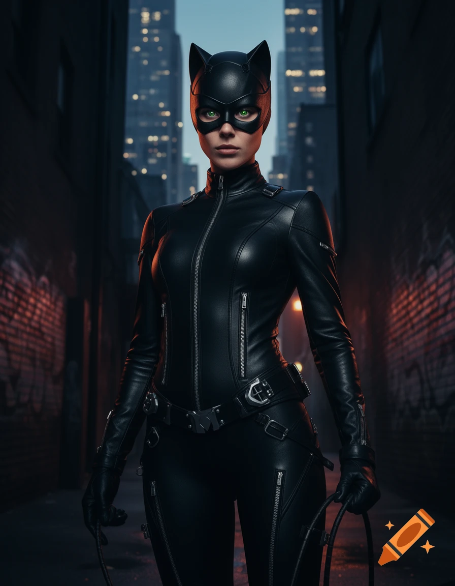 Photorealistic depiction of Catwoman in a black leather suit and mask, holding a whip in a dark city alley at night.