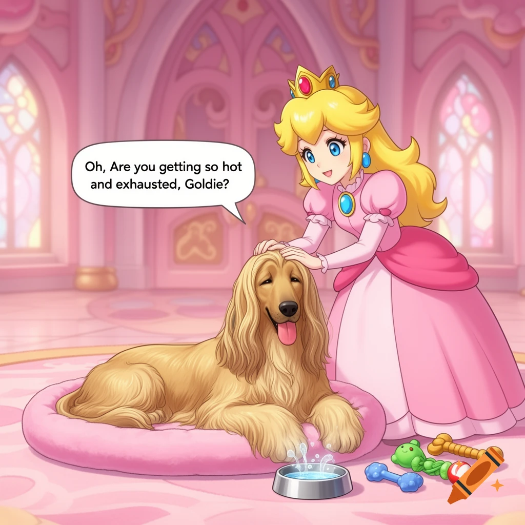 Princess Peach pets a golden Afghan hound in a pink castle, asking if the dog is hot and exhausted.
