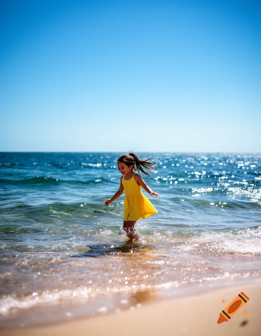 A young girl in a yellow dress joyfully splashes in the clear blue ocean water at a sunny beach.