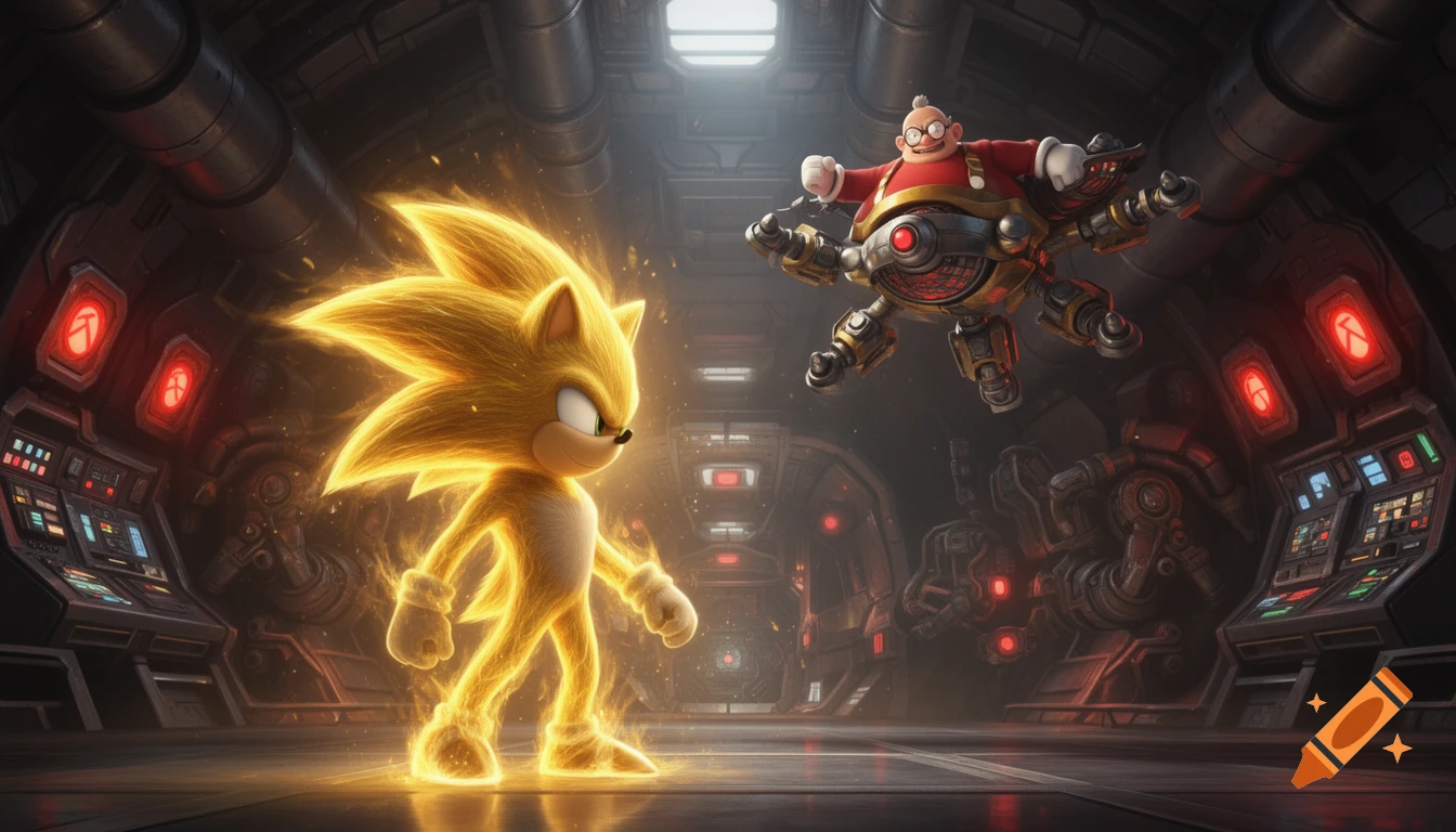Super Sonic, glowing gold, stands in a futuristic room confronting Dr. Eggman flying in a mechanical device.