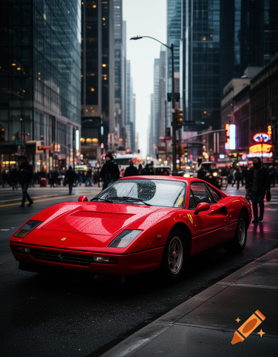 A bright red Ferrari sports car parked on a wet city street, with tall blurred buildings and pedestrians in the background.