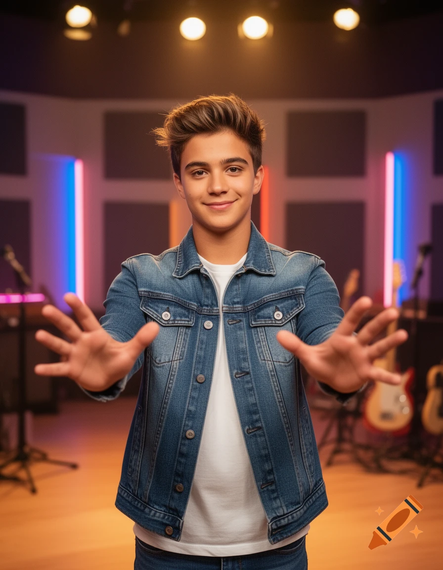 A smiling young man in a denim jacket, hands outstretched, in a vibrant music studio.