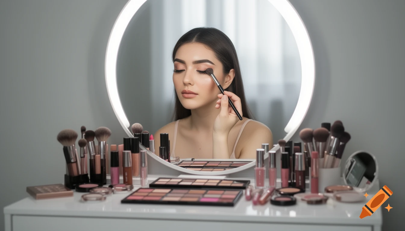 A woman reflected in a ring light mirror, applying eyeshadow with a brush, surrounded by various makeup products on a white vanity table.