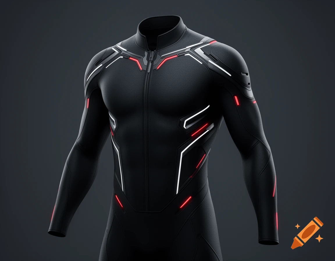 A sleek black high-tech suit with red and white illuminated accents, presented as futuristic concept art.