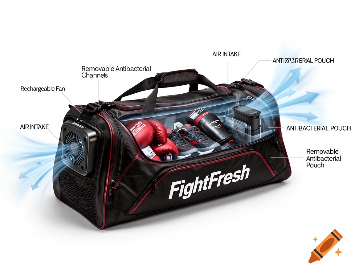 A semi-transparent, black and red 'FightFresh' duffel bag with internal sports gear. Labels show features like a rechargeable fan, antibacterial pouch, and air intake.