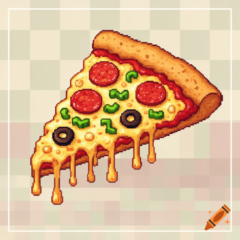 A slice of pizza with pepperoni, olives, and green peppers, with melting cheese dripping, in a pixel art style.