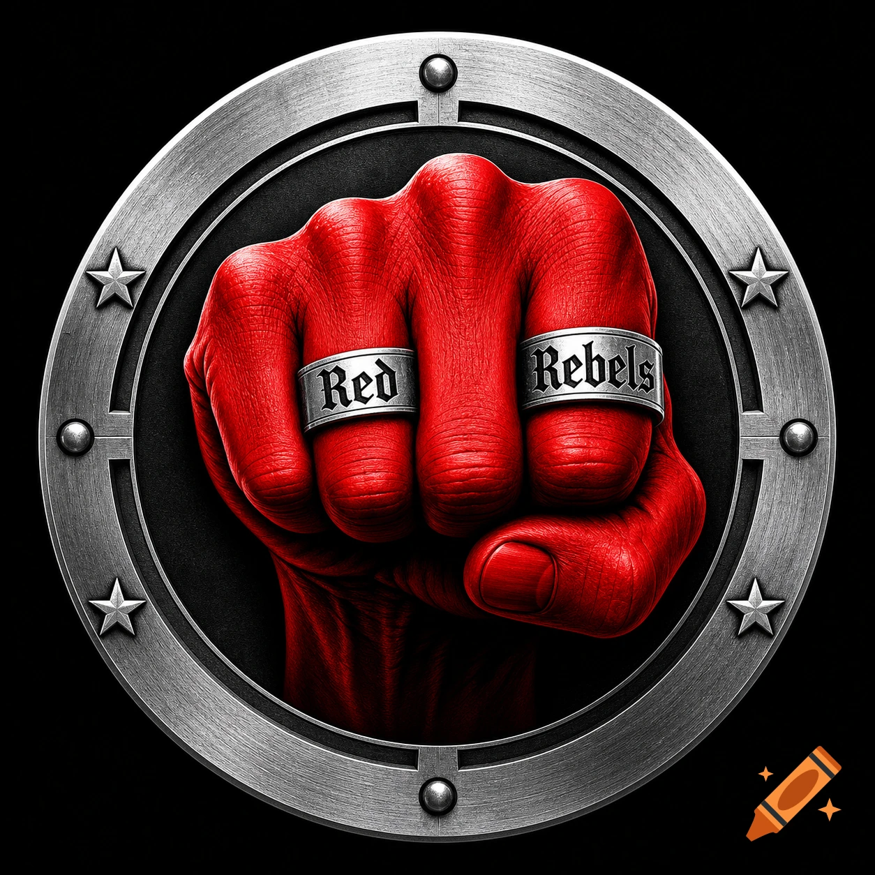 A detailed logo featuring a red fist wearing silver rings inscribed with 'Red' and 'Rebels', set within a metallic circular emblem with stars.