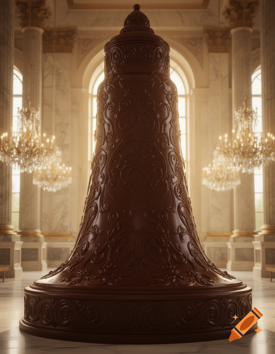 A massive, intricately carved chocolate sculpture in a grand, ornate hall with chandeliers.