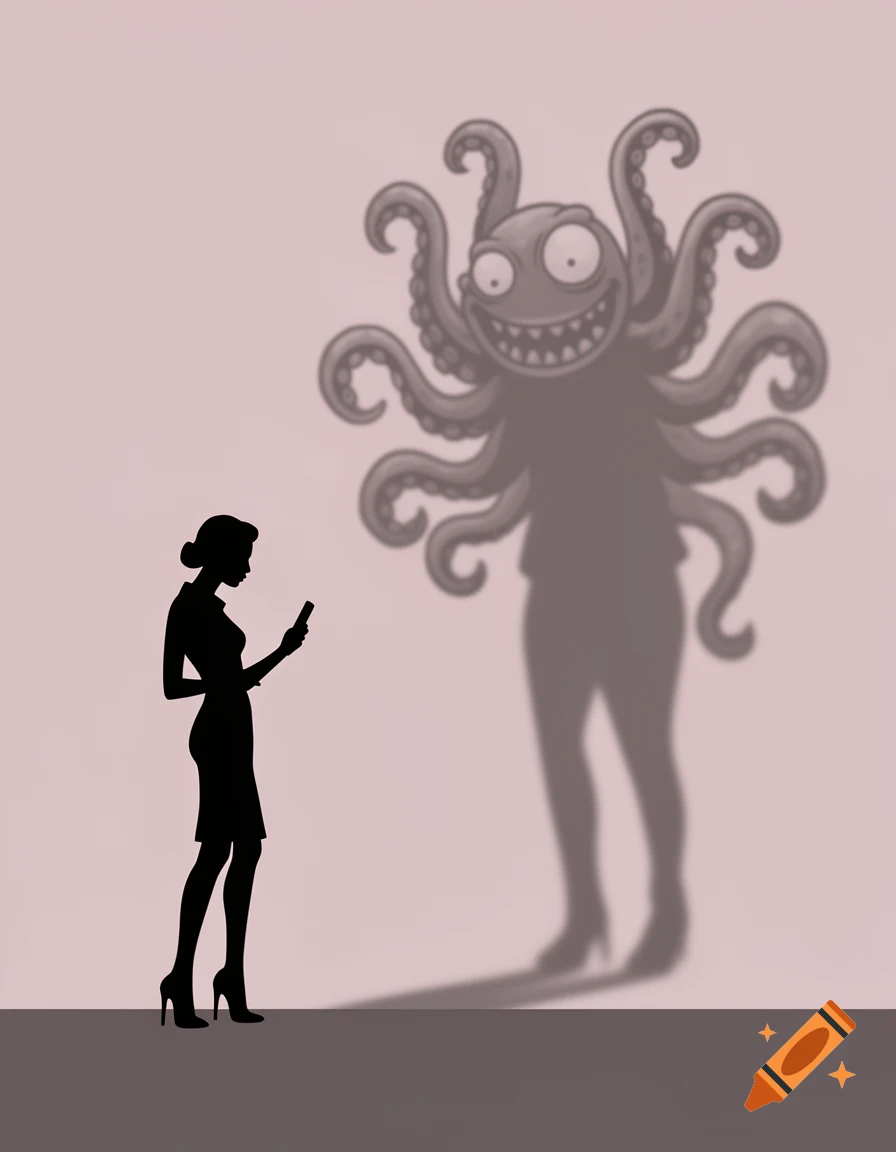 A minimalist editorial illustration of a woman's silhouette looking at her phone, casting a shadow of a grotesque, tentacled monster on a pink wall.