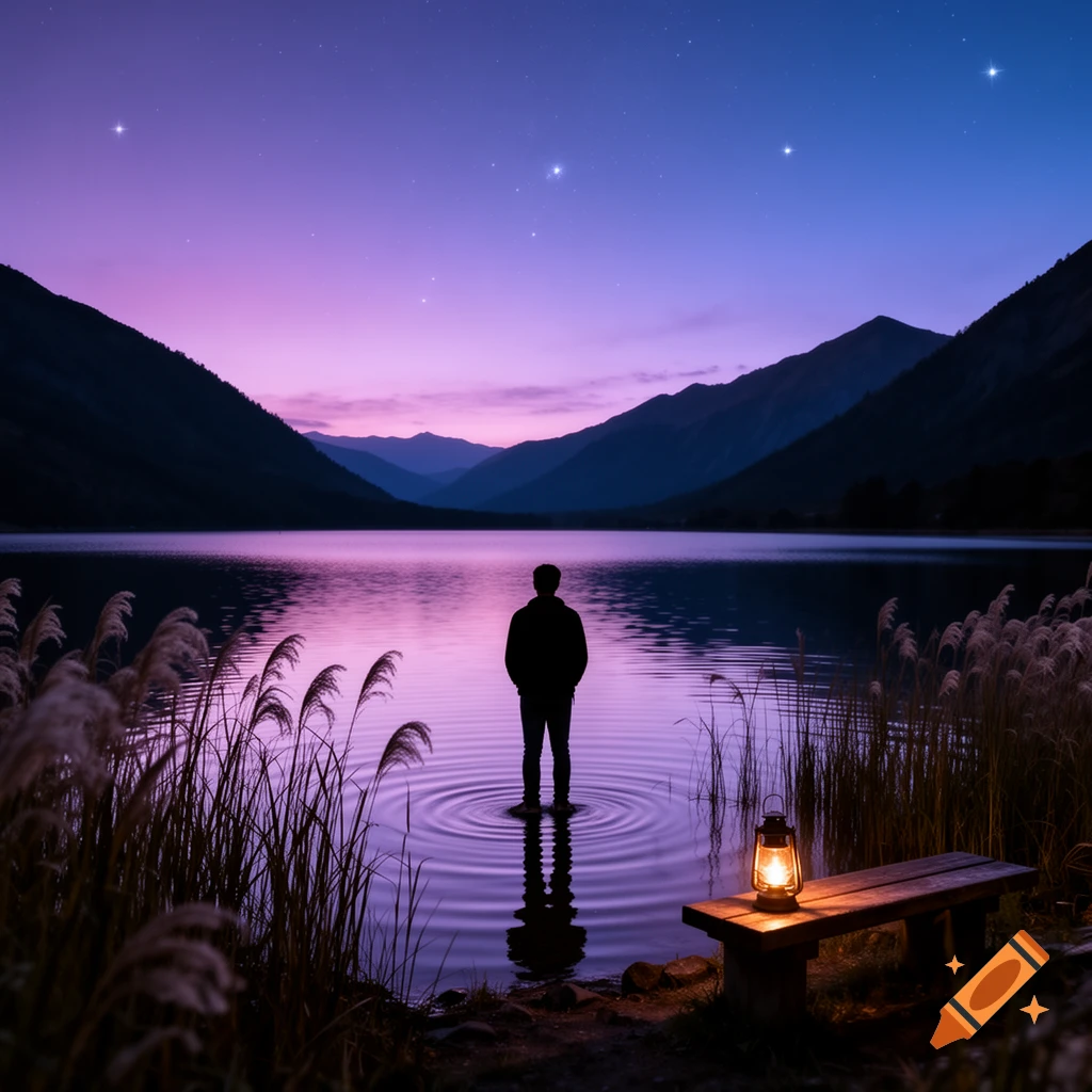 Silhouette of a person standing in a purple lake at twilight, with mountains, stars, and a lit lantern on a bench.