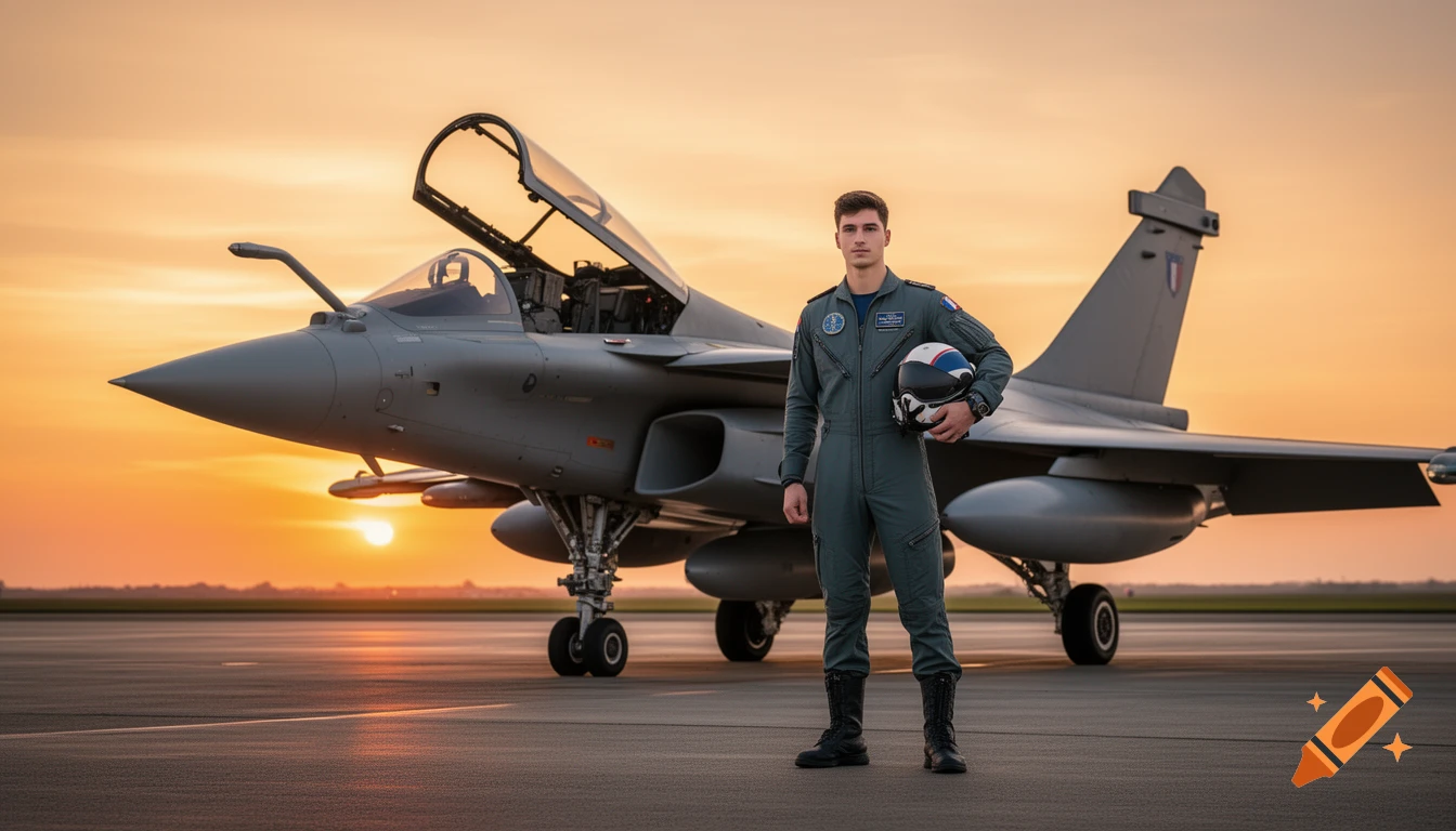 A man in a pilot uniform stands next to a Rafale fighter jet on a tarmac at sunset, holding a helmet.