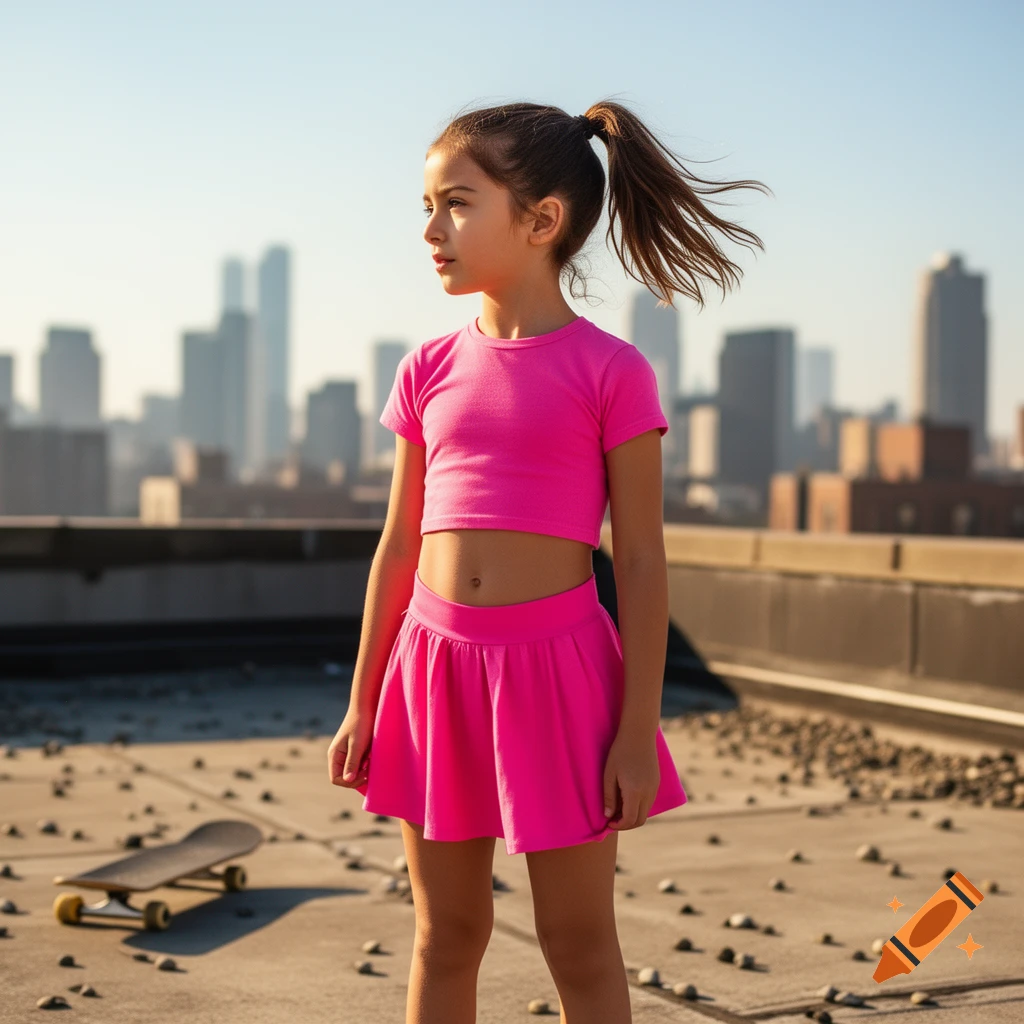 Young girl in a pink crop top and skirt stands on a rooftop with a skateboard and city skyline in the background.