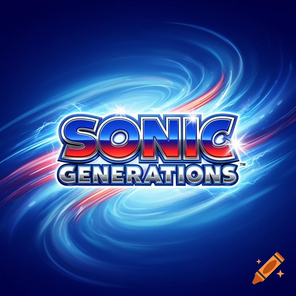 Shiny 'Sonic Generations' logo on a blue background with swirling energy and lightning.