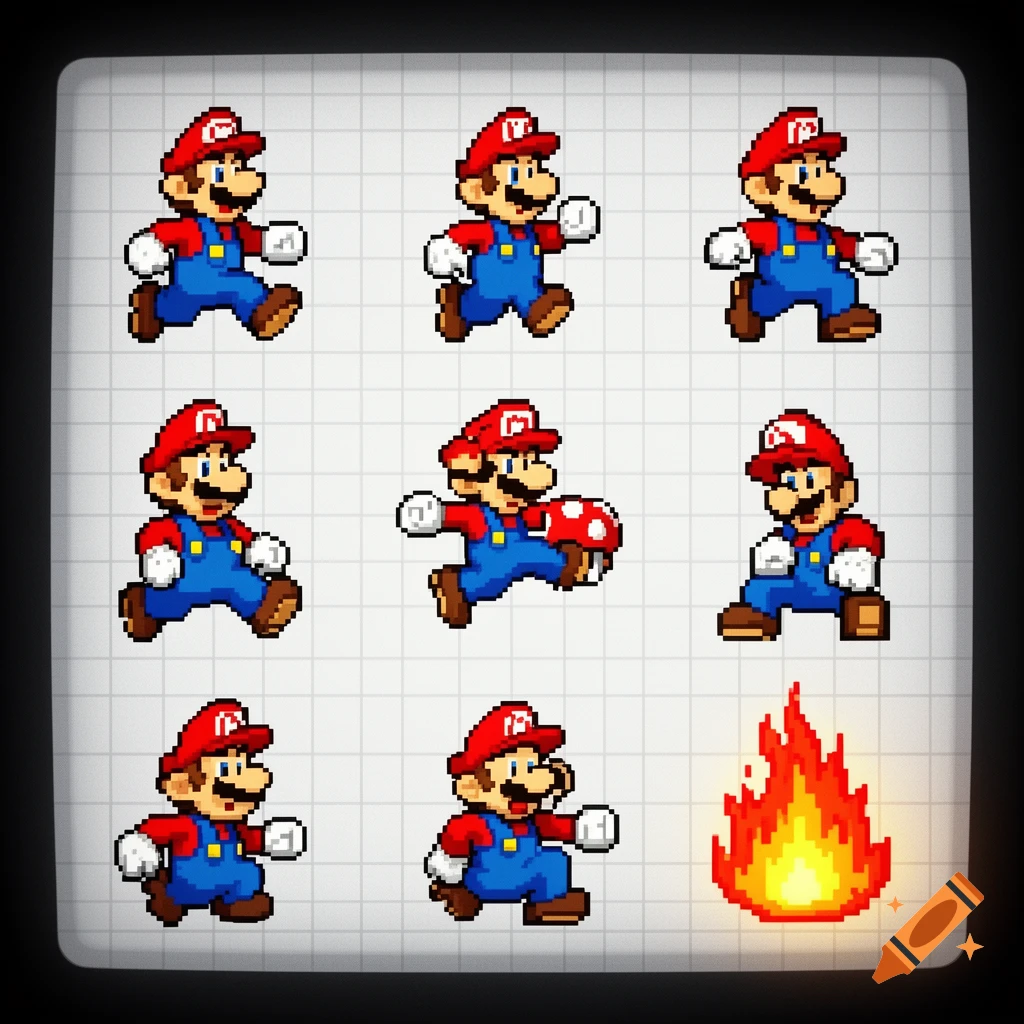 A pixel art sprite sheet showing multiple poses of a character resembling Mario, including running, jumping, holding a mushroom, and a fire sprite, all on a grid background.