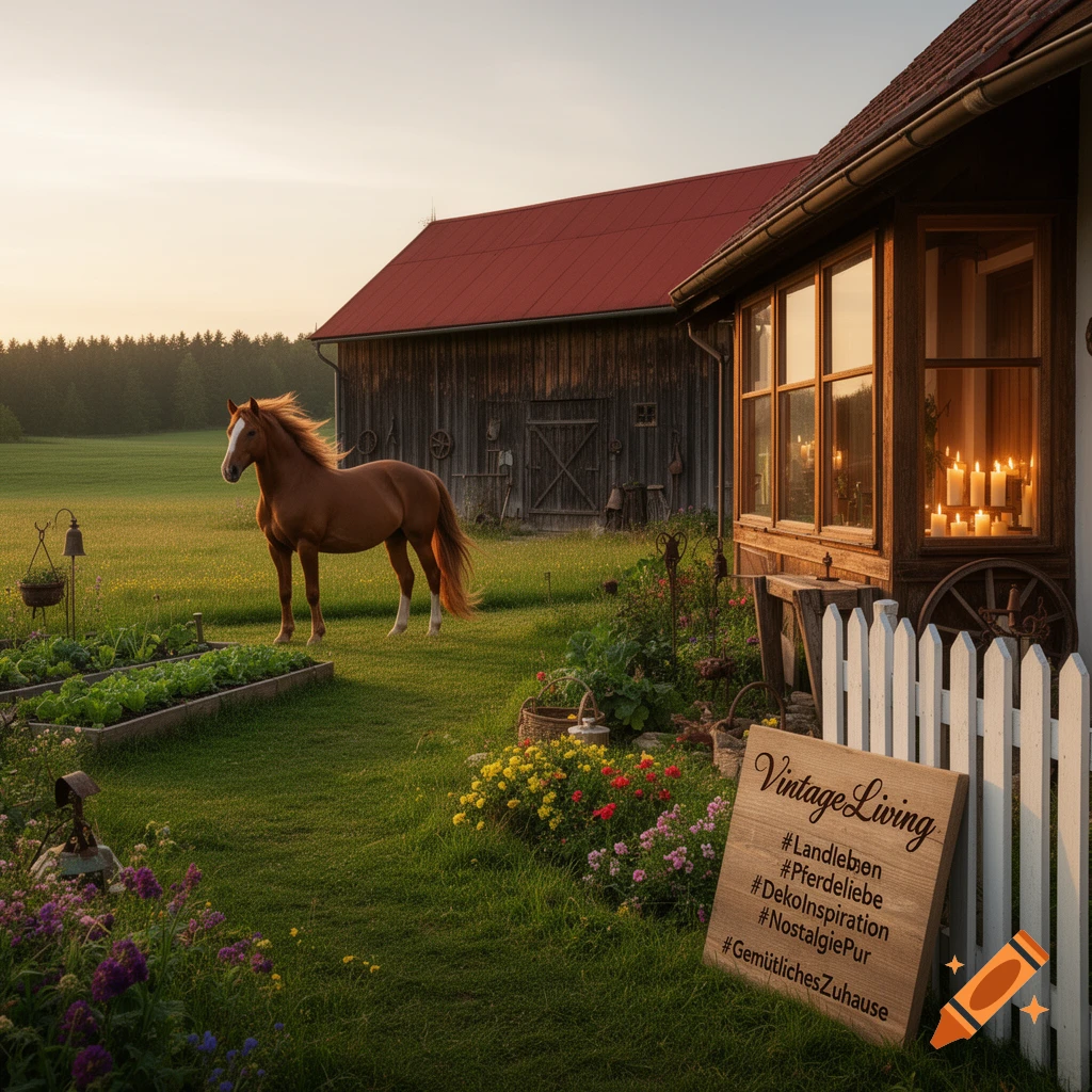 A brown horse stands in a lush green garden next to a rustic wooden cottage and barn with a white picket fence, under a warm sunset glow.