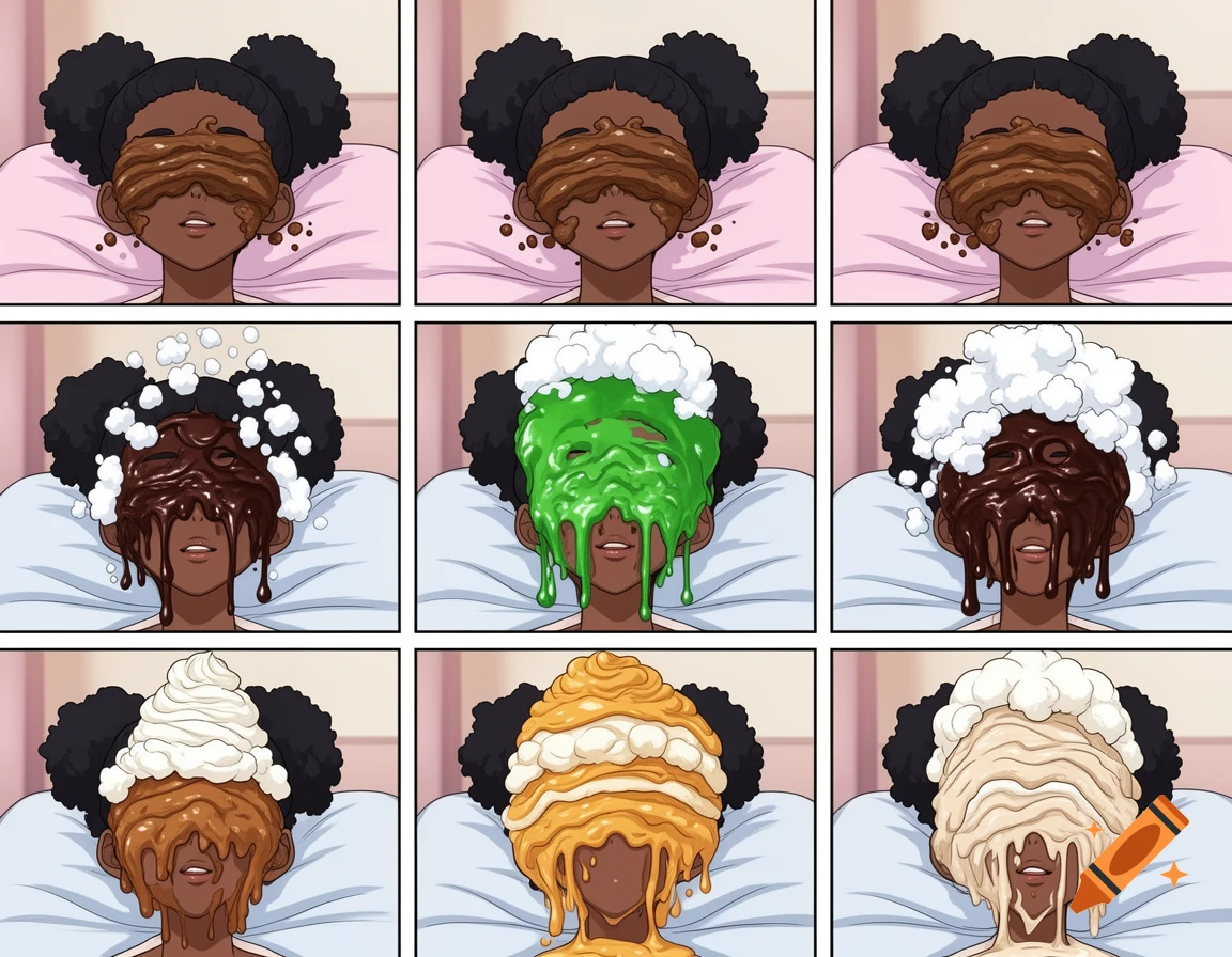 A nine-panel anime-style comic shows a black girl's face progressively covered in various edible substances like mud, slime, and dessert toppings.