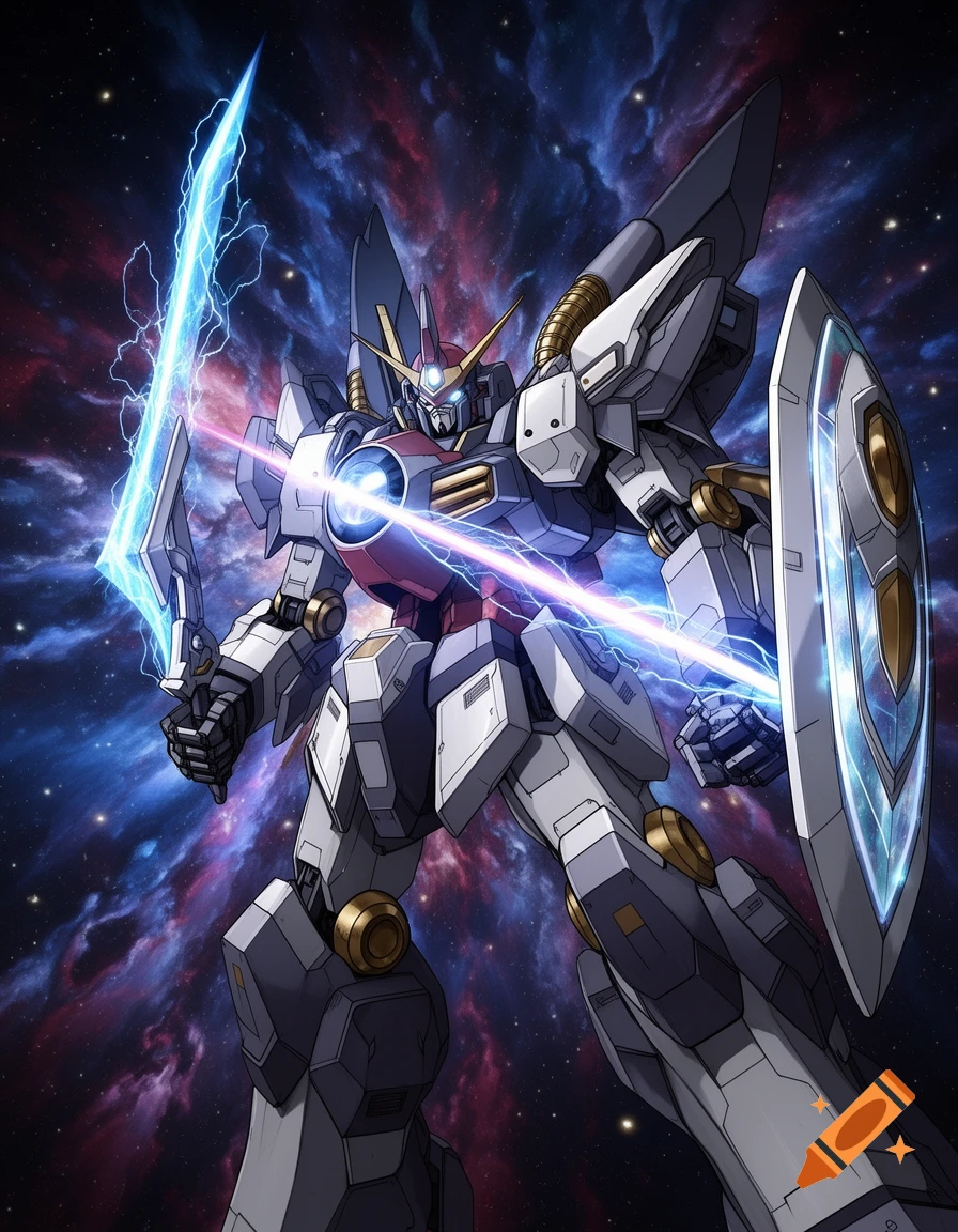 A giant mecha robot with a glowing eye holds an electric sword and a shield against a vibrant cosmic nebula background in anime style.