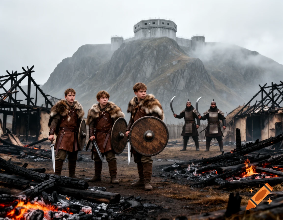 Three Viking youths with shields and swords stand in a burnt village as two Hun warriors approach, a mountain bunker in foggy background. Photorealistic.