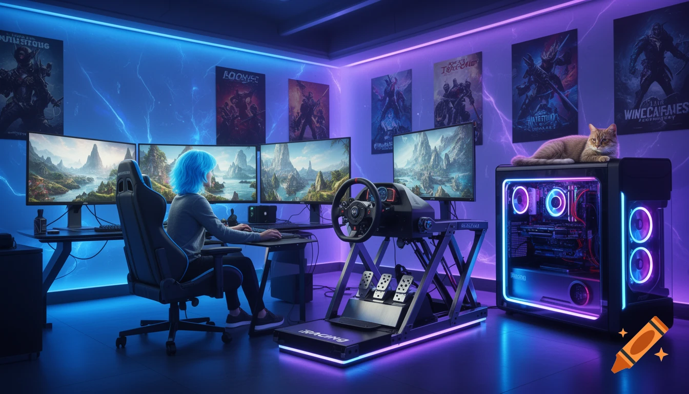 Person with blue hair in a futuristic gaming room with neon lights, multiple monitors, a racing simulator, and a cat on a PC.