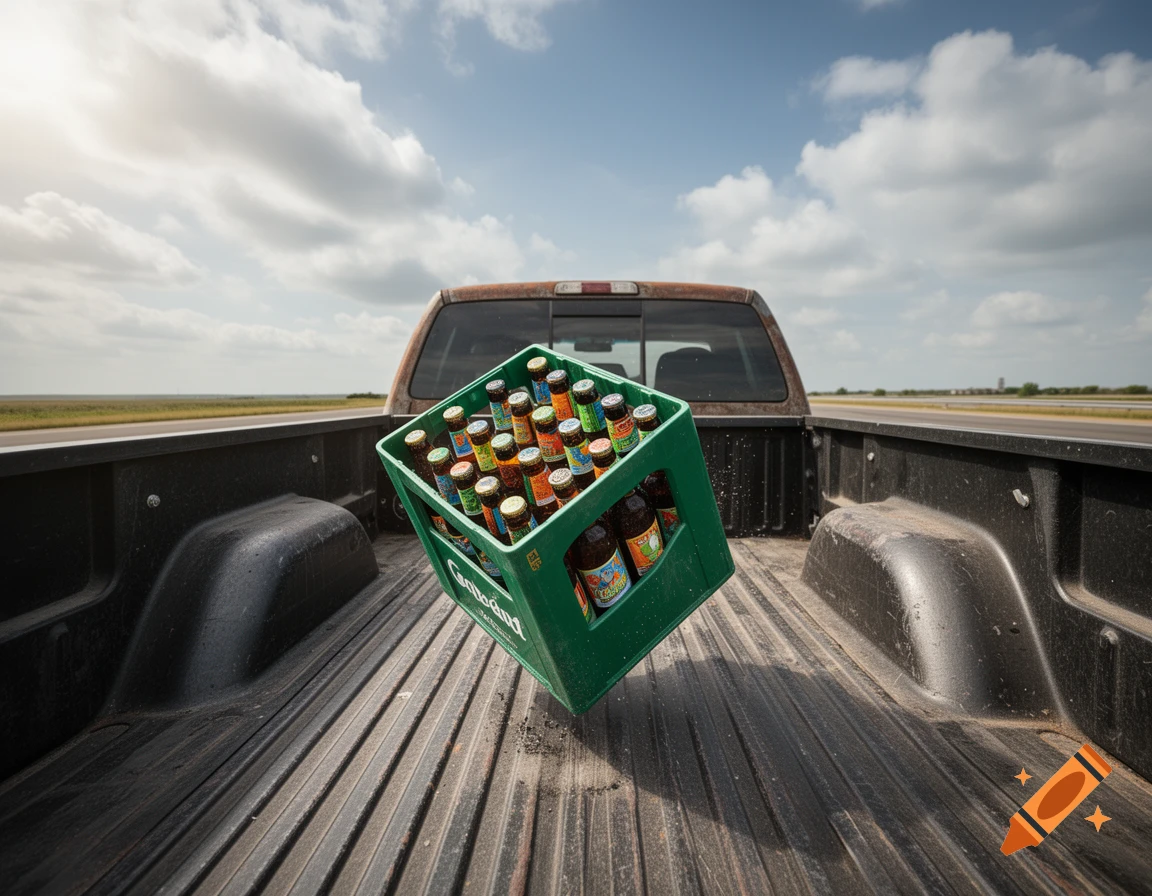 A green beer crate filled with bottles appears to be sliding towards the front of a dusty, dark-colored pickup truck bed under a partly cloudy sky.