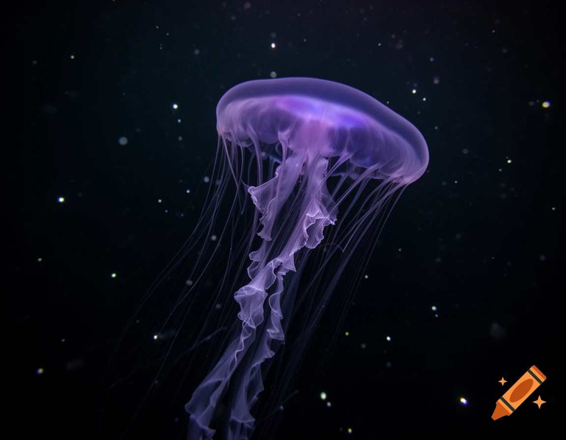 Translucent purple jellyfish with long tentacles floating in dark water with sparkling particles, photorealistic.