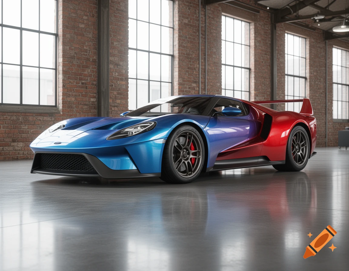 Photorealistic blue and red sports car with a large rear spoiler in a bright garage with brick walls and tall windows.
