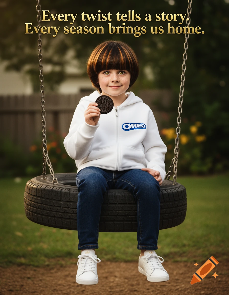A smiling child with a bowl cut and freckles sits on a tire swing, holding an Oreo cookie, wearing an Oreo hoodie.