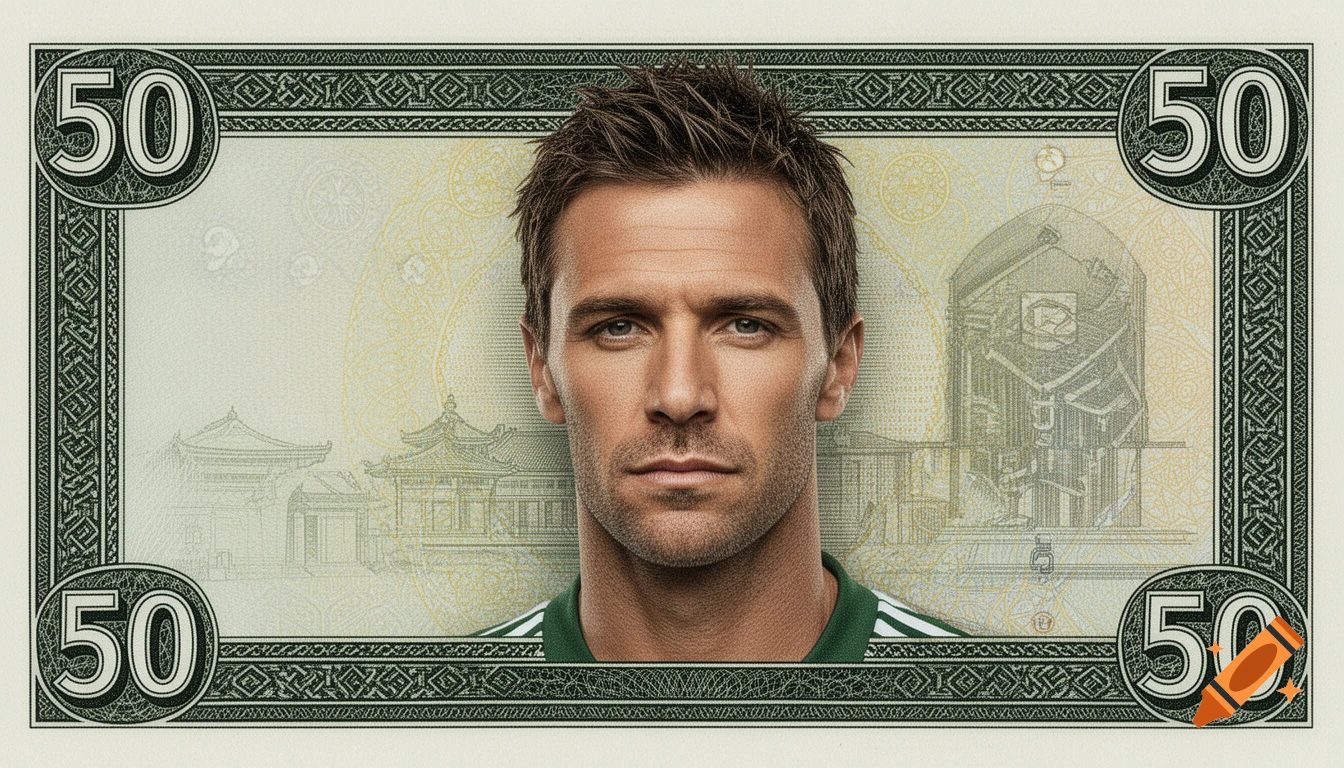 A photorealistic portrait of a man's face on a 50-dollar bill with intricate green borders.