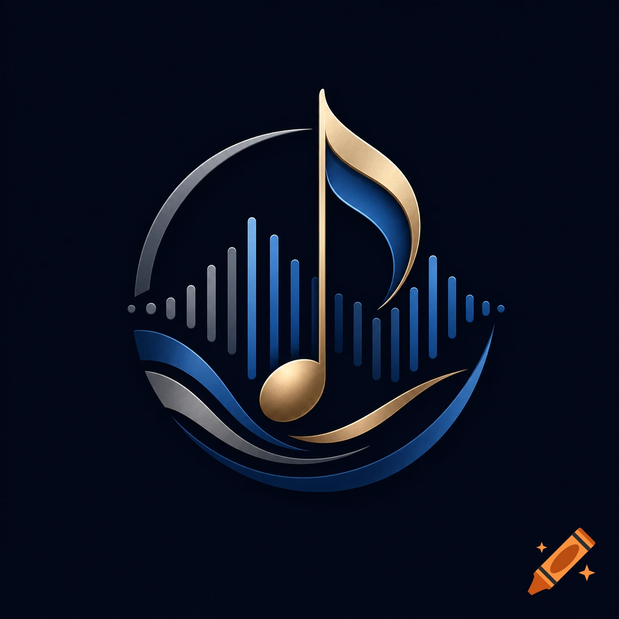 A stylized gold and blue music note with sound waves and metallic curves, forming a logo on a dark background.